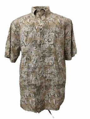 Roundtree Yorke Outfitters Mens Medium Camp Shirt Short Sleeve Tan Tropical Fish